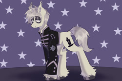 Size: 3080x2050 | Tagged: safe, artist:mxmx fw, bat pony, bat pony unicorn, hybrid, pony, unicorn, bedroom eyes, broken horn, clothes, curtains, discorded, dyed mane, dyed tail, ear fluff, ear tufts, emo, eyeliner, fangs, gerard way, high res, hoof fluff, hoof polish, horn, jacket, looking at you, makeup, male, my chemical romance, ponified, smiling, smiling at you, solo, stallion, stars, tail, the black parade, unshorn fetlocks
