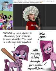 Size: 1850x2324 | Tagged: safe, artist:chopsticks, pinkie pie, oc, oc:chopsticks, oc:cookie cutter, earth pony, human, pegasus, pony, derpibooru community collaboration, g4, adventure in the comments, ask cookie cutter, baseball bat, beard, cheek fluff, chest fluff, dialogue, ear fluff, evil grin, facial hair, fangs, female, filly, floppy ears, flying, foal, grin, hat, khabib nurmagomedov, looking at you, male, papakha, pinkamena diane pie, smiling, stallion, text, this will end in death, this will end in tears, this will end in tears and/or death, threat, ufc, unshorn fetlocks, water balloon, waving, wig, wing hands, wings, yelling