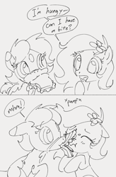 Size: 766x1166 | Tagged: safe, artist:dotkwa, oc, oc only, oc:deary dots, oc:kayla, earth pony, pony, comic, dialogue, duo, eyes closed, female, filly, floppy ears, flower, flower in hair, foal, food, gray background, mouth hold, sandwich, sharing, simple background, speech bubble