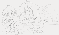 Size: 1594x946 | Tagged: safe, artist:dotkwa, oc, oc only, oc:deary dots, earth pony, pony, /ll/, age difference, bed, blushing, dialogue, female, filly, foal, gray background, grayscale, imminent foalcon, lesbian, looking at each other, looking at someone, lying down, mare, mare on filly, mare on filly action, monochrome, on bed, open mouth, open smile, prone, simple background, size difference, smiling, speech bubble, what are we gonna do on the bed?
