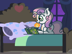 Size: 1800x1350 | Tagged: safe, artist:flutterluv, part of a set, sweetie belle, pony, unicorn, g4, atg 2023, bed, book, lantern, newbie artist training grounds, night, reading, smiling, solo