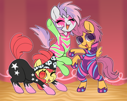 Size: 3900x3100 | Tagged: safe, alternate version, artist:feralkittyclawz, apple bloom, scootaloo, sweetie belle, earth pony, pegasus, pony, unicorn, g4, the show stoppers, ass up, bipedal, clothes, costume, curtains, cutie mark crusaders, explicit source, eyebrows, eyebrows visible through hair, eyes closed, female, filly, foal, high res, hoof shoes, horn, looking at you, makeup, one eye closed, open mouth, open smile, raised tail, show stopper outfits, signature, smiling, spread wings, stage, tail, trio, trio female, wings, wink, winking at you