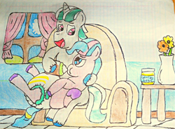 Size: 1978x1457 | Tagged: safe, artist:bitter sweetness, alphabittle blossomforth, queen haven, pegasus, pony, unicorn, g5, mare family mare problems, my little pony: tell your tale, spoiler:g5, spoiler:my little pony: tell your tale, spoiler:tyts01e51, abdl, baby bottle, baby food, blue eyes, chocolate, chocolate milk, colored background, couch, curtains, diaper, diaper fetish, fetish, hooves, line, lying down, milk, non-baby in diaper, open mouth, pink eyes, room, simple background, sitting, table, vase, white background, window