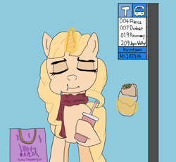 Size: 3248x3000 | Tagged: safe, artist:dafid25, taralicious, oc, oc only, pony, bag, bus stop, clothes, drink, eating, high res, magic, scarf, shopping bag, solo, telekinesis, translink