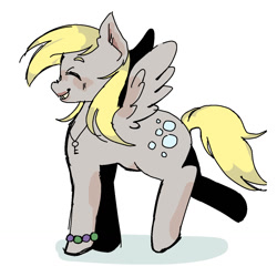 Size: 1280x1280 | Tagged: safe, artist:ghostbbee, derpy hooves, pegasus, pony, g4, bracelet, eyes closed, female, jewelry, key, mare, necklace, raised leg, simple background, smiling, solo, spread wings, white background, wings