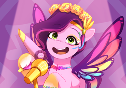 Size: 2940x2048 | Tagged: safe, artist:maren, pipp petals, pegasus, pony, bridlewoodstock (make your mark), bridlewoodstock (tell your tale), g5, my little pony: make your mark, my little pony: make your mark chapter 4, my little pony: tell your tale, spoiler:g5, spoiler:my little pony: make your mark, spoiler:my little pony: make your mark chapter 4, spoiler:my little pony: tell your tale, spoiler:mymc04e01, spoiler:tyts01e55, adorapipp, bridlewoodstock, cute, female, floral head wreath, flower, hair dryer, happy, high res, jewelry, looking at you, mare, microphone, necklace, open mouth, open smile, smiling, smiling at you, solo, spread wings, tiara, wings