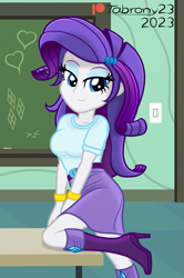 Size: 889x1338 | Tagged: safe, artist:tabrony23, rarity, human, equestria girls 10th anniversary, equestria girls, g4, beautiful, bedroom eyes, boots, breasts, busty rarity, clothes, female, looking at you, patreon, patreon logo, sexy, shoes, show accurate, signature, skirt, smiling, smiling at you, solo, stupid sexy rarity, table