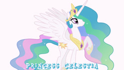 Size: 1920x1080 | Tagged: safe, artist:90sigma, edit, editor:jaredking779, princess celestia, alicorn, pony, g4, crown, ethereal mane, female, jewelry, mare, peytral, raised hoof, regalia, simple background, smiling, solo, spread wings, white background, wings