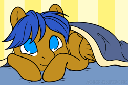 Size: 1200x800 | Tagged: safe, artist:acry-artwork, oc, oc only, oc:crushingvictory, pegasus, pony, animated, bed, blanket, blinking, cozy, folded wings, gif, looking at you, lying down, lying on bed, on bed, pegasus oc, smiling, smiling at you, solo, wings