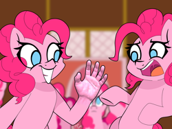 Size: 2048x1536 | Tagged: safe, artist:pyrelynx, pinkie pie, earth pony, pony, g4, too many pinkie pies, clone, cursed image, eye clipping through hair, female, grin, hand, mare, multeity, nightmare fuel, no pupils, pinkie clone, scene interpretation, smiling, suddenly hands, too much pink energy is dangerous, wat