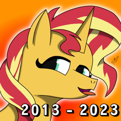 Size: 500x500 | Tagged: safe, artist:alejandrogmj, sunset shimmer, pony, unicorn, equestria girls 10th anniversary, equestria girls, g4, gradient background, looking to the left, numbers, tongue out