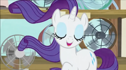 Size: 800x448 | Tagged: safe, screencap, mr. breezy, rarity, pony, unicorn, g4, it isn't the mane thing about you, season 7, blowing, fans, female, long hair, long mane, loose hair, mare, purple hair, purple mane, solo, tail, white fur, windswept hair, windswept mane, windswept tail