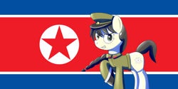 Size: 1024x512 | Tagged: safe, alternate version, artist:trackheadtherobopony (edit), oc, oc only, oc:mokran, pony, female, military, nation ponies, north korea, north korean flag, ponified