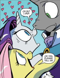 Size: 331x428 | Tagged: safe, artist:andy price, idw, fluttershy, king sombra, rarity, pegasus, pony, unicorn, g4, reflections, spoiler:comic, comic, female, good king sombra, heart, male, mare, out of context, pink hair, pink mane, purple hair, purple mane, shipping fuel, stallion