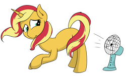 Size: 1980x1194 | Tagged: safe, artist:soccy, sunset shimmer, pony, equestria girls 10th anniversary, g4, ass up, crossed hooves, fan, female, looking back, mare, simple background, smiling, solo, tail, transparent background, windswept hair, windswept mane, windswept tail