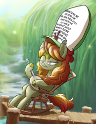 Size: 1400x1800 | Tagged: safe, artist:rocket-lawnchair, oc, oc only, oc:pine pyre, kirin, banjo, commission, dexterous hooves, giant hat, glasses, hat, hoof hold, kirin oc, lidded eyes, musical instrument, pier, rocking chair, round glasses, sitting, solo, water