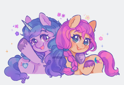 Size: 2094x1453 | Tagged: safe, artist:sonira24, izzy moonbow, sunny starscout, earth pony, pony, unicorn, g5, blushing, cute, duo, duo female, female, hoof around neck, hug, izzybetes, looking at you, mare, open mouth, open smile, signature, simple background, smiling, smiling at you, sunnybetes, unshorn fetlocks, waving, waving at you, white background
