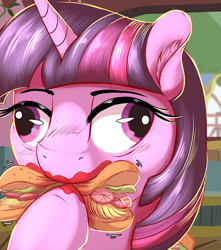 Size: 1475x1667 | Tagged: safe, artist:2fat2fly, twilight sparkle, alicorn, pony, g4, burger, bust, cross-eyed, derp, ear fluff, female, food, hay burger, ketchup, majestic as fuck, mare, messy eating, sauce, solo, that pony sure does love burgers, twilight burgkle, twilight sparkle (alicorn), wat