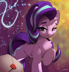 Size: 2400x2500 | Tagged: safe, artist:skitsroom, starlight glimmer, pony, unicorn, g4, chest fluff, female, heart, high res, letter, lidded eyes, looking at you, love letter, mare, raised hoof, solo