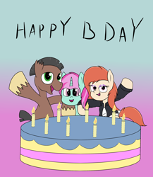 Size: 2600x3000 | Tagged: safe, artist:amateur-draw, oc, oc only, oc:belle boue, oc:oak wood, oc:phosphor flame, earth pony, pony, unicorn, birthday, birthday cake, cake, clothes, female, food, gradient background, high res, jacket, leather, leather jacket, mare, shirt