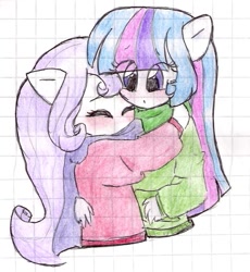 Size: 701x763 | Tagged: safe, artist:toridesori, rarity, twilight sparkle, anthro, g4, 2015, ambiguous facial structure, clothes, duo, female, graph paper, hug, lesbian, missing horn, old art, scarf, ship:rarilight, shipping, sweater, traditional art