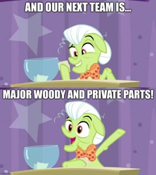 Size: 888x998 | Tagged: safe, edit, edited screencap, screencap, granny smith, earth pony, pony, a trivial pursuit, g4, beavis and butthead, caption, image macro, innuendo, text