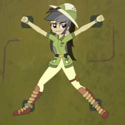 Size: 2000x2000 | Tagged: safe, artist:nie-martw-sie-o-mnie, daring do, human, equestria girls, g4, bondage, boots, cleave gag, cloth gag, clothes, denim, female, gag, hat, high heel boots, high res, jeans, pants, shoes, solo, spread eagle