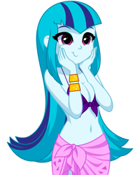 Size: 1019x1273 | Tagged: safe, artist:rosemile mulberry, sonata dusk, human, equestria girls, g4, bare shoulders, belly button, bikini, breasts, busty sonata dusk, cleavage, clothes, cute, female, front knot midriff, hands on cheeks, loose hair, midriff, revised, sarong, simple background, sleeveless, solo, sonatabetes, swimsuit, updated design, white background