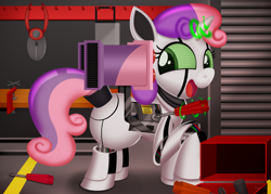 Size: 3500x2500 | Tagged: safe, artist:leonkay, sweetie belle, pony, robot, robot pony, unicorn, g4, cute, diasweetes, high res, magic, open mouth, open smile, screwdriver, self-repair, smiling, solo, sweetie bot, telekinesis
