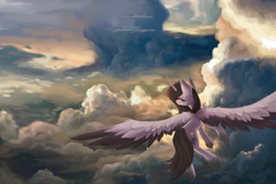 Size: 4500x3000 | Tagged: safe, artist:anastas, oc, oc only, oc:enigma, alicorn, pony, black hair, black mane, black tail, cloud, cloudscape, colored wings, commission, crepuscular rays, curved horn, detailed background, excited, excitement, feather, feathered wings, female, gray coat, grey fur, horn, large wings, mare, relaxed, relaxing, sky, solo, spine, spread wings, tail, two toned wings, unshorn fetlocks, wings, ych result