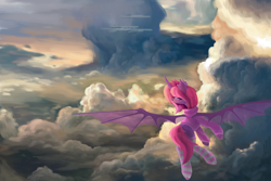 Size: 4500x3000 | Tagged: safe, artist:anastas, oc, oc only, oc:sithilis, alicorn, bat pony, changeling, hybrid, original species, pegasus, pony, unicorn, bat wings, clothes, cloud, cloudscape, commission, crepuscular rays, detailed background, excited, excitement, eyelashes, female, flying, glasses, hoodie, large wings, mare, purple eyes, purple hair, purple tail, relaxed, relaxing, sky, socks, solo, spread wings, stockings, striped socks, tail, thigh highs, transparent, transparent wings, wings, ych result