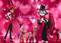 Size: 1531x1080 | Tagged: safe, artist:sproutscoutotp, edit, sprout cloverleaf, sunny starscout, cat, deer, demon, earth pony, pony, undead, wendigo, anthro, digitigrade anthro, g5, alastor, alcohol, anthro with ponies, bag, belt, booze, bottle, bowtie, cat demon, clothes, deer demon, female, gay, hazbin hotel, heart, heart background, hellaverse, husk (hazbin hotel), male, mane stripe sunny, mare, microphone, non-mlp shipping, overlord demon, pants, radiohusk, raised hand, saddle bag, ship:sunnyclover, shipping, shoes, sinner demon, smiling, staff, stallion, straight, suspenders, text, tuxedo, wings