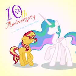 Size: 2000x2000 | Tagged: safe, artist:astralune, princess celestia, sunset shimmer, alicorn, pony, unicorn, equestria girls 10th anniversary, equestria girls, g4, crossed hooves, ears back, female, flowing mane, folded wings, gradient background, high res, mare, no face, raised hoof, wings