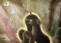 Size: 3508x2480 | Tagged: safe, artist:lightning bolty, oc, oc:blackhole, oc:event horizon, bird, black hole pony, pony, unicorn, abandoned, black hole, broken door, broken window, castle, colored, countershading, cracks, crepuscular rays, distortion, door, ear fluff, ethereal mane, ethereal tail, fangs, female, gradient horn, high res, horn, long horn, looking back, mare, open mouth, pillar, plants, ponified, ruins, scenery, shading, sharp teeth, signature, slender, solo, standing, sternocleidomastoid, tail, teeth, thin, throne room, unicorn oc, window