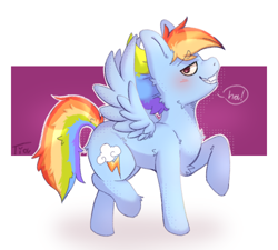 Size: 900x810 | Tagged: safe, artist:tia_chan, rainbow dash, pegasus, pony, g4, alternate hairstyle, blushing, cheek fluff, chest fluff, dialogue, female, grin, looking at you, passepartout, pose, raised leg, simple background, smiling, smiling at you, solo, speech bubble, spread wings, white background, wings
