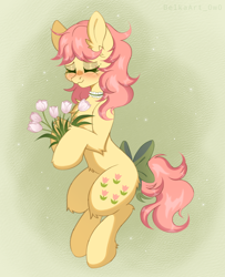 Size: 1592x1965 | Tagged: safe, artist:belkaart0w0, posey, earth pony, pony, g1, blushing, bow, chest fluff, choker, cute, ear fluff, eyes closed, eyeshadow, female, flower, makeup, mare, solo, tail, tail bow, tulip