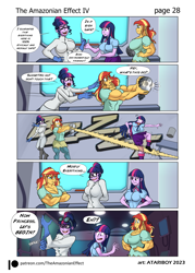 Size: 4292x5985 | Tagged: safe, artist:atariboy2600, artist:bluecarnationstudios, sci-twi, sunset shimmer, twilight sparkle, android, human, robot, comic:the amazonian effect, comic:the amazonian effect iv, equestria girls, g4, breasts, buff breasts, busty sci-twi, busty sunset shimmer, busty twilight sparkle, clothes, comic, duality, eye beams, female, muscles, muscular female, nervous sweat, open mouth, sci-twi's house, sunset lifter, tempting fate, twolight