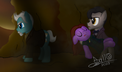 Size: 3264x1934 | Tagged: safe, artist:tidmouthmilk12, doctor whooves, time turner, earth pony, pony, g4, atg 2023, beard, bowtie, cashmere, cave, clara oswin oswald, clothes, community related, dress, eleventh doctor, eyebrows, facial hair, frock coat, hypocrisy, jewelry, leather, necklace, newbie artist training grounds, scarf, shadow, shirt, signature, tartan, trenchcoat, waistcoat, war doctor