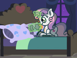 Size: 1800x1350 | Tagged: safe, artist:flutterluv, part of a set, sweetie belle, pony, unicorn, g4, atg 2023, bed, book, lantern, magic, newbie artist training grounds, puzzle, smiling, solo, telekinesis