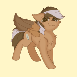 Size: 3072x3072 | Tagged: safe, artist:zugatti69, oc, pegasus, pony, brown eyes, cheek fluff, chest fluff, colored wings, concave belly, ear fluff, excessive fluff, high res, looking at you, shoulder fluff, simple background, smiling, smiling at you, solo, spread wings, two toned mane, two toned wings, wing fluff, wings, yellow background