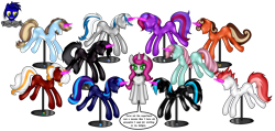 Size: 7680x3665 | Tagged: safe, artist:damlanil, oc, oc:galactic moonshine, oc:lady lightning strike, oc:musica melody, oc:nightfire, oc:nightlight aura, oc:peony, oc:pretty penne, oc:star eyes, oc:sunday cream, oc:swift apex, oc:violet rose ze vampony, alicorn, bat pony, bat pony alicorn, pegasus, pony, unicorn, bat wings, bondage, clothes, collar, comic, commission, crystal horn, encasement, fake horn, female, horn, inanimate tf, latex, magic, magic aura, male, mannequin, mannequin tf, mare, no mouth, objectification, pedestal, petrification, ponyquin, rubber, shiny, show accurate, simple background, speech bubble, stallion, story, story included, text, transformation, transparent background, vector, wings