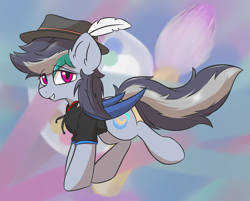 Size: 2016x1620 | Tagged: safe, artist:hcl, oc, oc:dream stray, bat pony, pony, abstract background, closed mouth, feather, feathered hat, hat, solo, teeth
