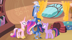 Size: 1920x1080 | Tagged: safe, screencap, discord, princess cadance, twilight sparkle, alicorn, draconequus, pony, g4, season 4, three's a crowd, alternate hairstyle, bald, bed, bedroom, blue flu, book, bookshelf, crown, curtains, female, folded wings, golden oaks library, hair, hair swap, hoof shoes, horn, indoors, jewelry, lidded eyes, looking down, looking up, male, mane, mane swap, mare, modular, open mouth, open smile, princess shoes, regalia, sisters-in-law, smiling, tail, trio, twilight sparkle (alicorn), window, wings