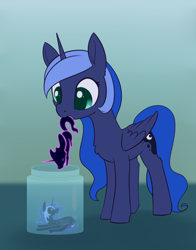 Size: 1620x2070 | Tagged: safe, artist:dusthiel, nightmare moon, princess luna, tantabus, alicorn, pony, g4, atg 2023, cheek fluff, chest fluff, colored pupils, cute, female, gradient background, hock fluff, hoof fluff, jar, lunabetes, mare, micro, mouth hold, newbie artist training grounds, pony in a bottle, self paradox, self ponidox, trio, two toned mane