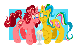 Size: 1280x815 | Tagged: safe, artist:msponies, pretty pop, soda float, earth pony, pony, g3, cheek to cheek, drink, duo, female, mare, milkshake, raised hoof, straw, straw in mouth