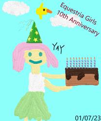 Size: 1000x1200 | Tagged: safe, artist:miky94c, derpibooru exclusive, fluttershy, bird, human, equestria girls 10th anniversary, equestria girls, g4, 1000 hours in ms paint, anniversary, cake, candle, chocolate, chocolate cake, food, paint 3d, smiley face, yay