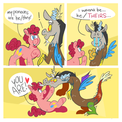 Size: 1650x1650 | Tagged: safe, artist:msponies, discord, pinkie pie, draconequus, earth pony, pony, g4, 3 panel comic, blushing, comic, crying, duo, exclamation point, male, nonbinary, pronouns, ship:discopie, shipping, short mane, speech bubble