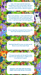 Size: 2048x3674 | Tagged: safe, gameloft, rarity, star swirl the bearded, sunburst, trixie, twilight sparkle, alicorn, pony, unicorn, g4, my little pony: magic princess, beard, brooch, cape, clothes, dialogue, dialogue box, english, event, facial hair, female, folded wings, hat, high res, horn, jewelry, male, mare, mobile game, speech bubble, stallion, text, trixie's cape, trixie's hat, twilight sparkle (alicorn), wings