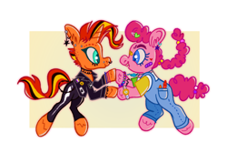 Size: 1280x914 | Tagged: safe, artist:msponies, pinkie pie, sunset shimmer, earth pony, pony, unicorn, g4, alternate hairstyle, bandaid, bisexual, bracelet, braces, choker, clothes, crayon, duo, dyed mane, ear piercing, earring, female, jacket, jewelry, leather, leather jacket, lesbian, necklace, nonbinary, nonbinary pride flag, nose piercing, nose ring, overalls, piercing, pride, pride flag, punk, punkset shimmer, shaved, ship:sunsetpie, shipping, watch, wristwatch