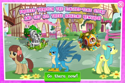 Size: 1956x1298 | Tagged: safe, gameloft, gallus, ocellus, yona, beaver, bird, earth pony, ferret, griffon, pony, rabbit, g4, my little pony: magic princess, she's all yak, advertisement, animal, bow, bush, claws, disguise, disguised changeling, english, female, hair bow, male, mare, mobile game, ponified, pony ocellus, pony yona, species swap, spread wings, statue, text, wings